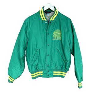 Vintage 80's Building Donnybrook Supply Fairbanks Alaska Green Satin Jacket Snap